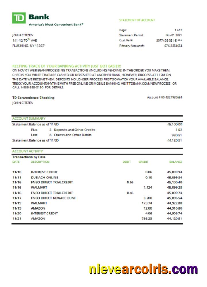 USA TD Bank excel pdf